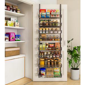Mefirt Over The Door Pantry Organizer, Wall Mount Spice Rack, Pantry Hanging Storage and Organization, 8 Adjustable Baskets Heavy-Duty Metal for Home & Kitchen, Back of Door Seasoning Rack - Black