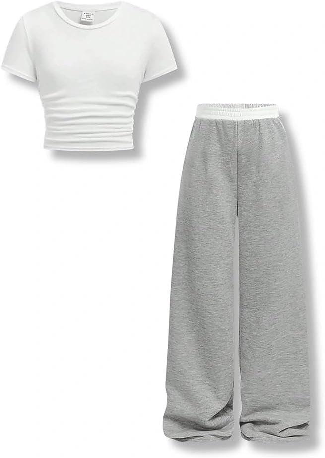 13-14Y Years Girls Sizes 2 Piece Casual Set Ruched Short Sleeve Fitted Waist-Cinched Top & Wide Leg Pants
