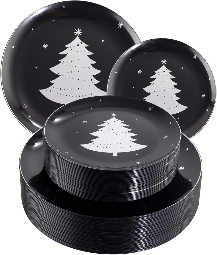 WDF 50 Pieces Christmas Plates Plastic - Black and Silver Plates with Christmas Tree include 25 Dinner Plates, 25 Salad Plates - Black Silver Party Plates for Christmas, Winter (10.25INCH+7.25INCH)