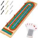 FUNPENY Traditional Wooden Cribbage Board Game Set, 3-Track Color Coded with Metal Pegs and Deck of Playing Cards