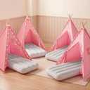 Wilwolfer Sleepover Pink Teepee Tent-4 Pack Tipi Playhouse for Kids with Lights& Flag& Inflatable Airbed -Indoor/Outdoor Foldable -Slumber Party Tent-Sleepover Party Supplies