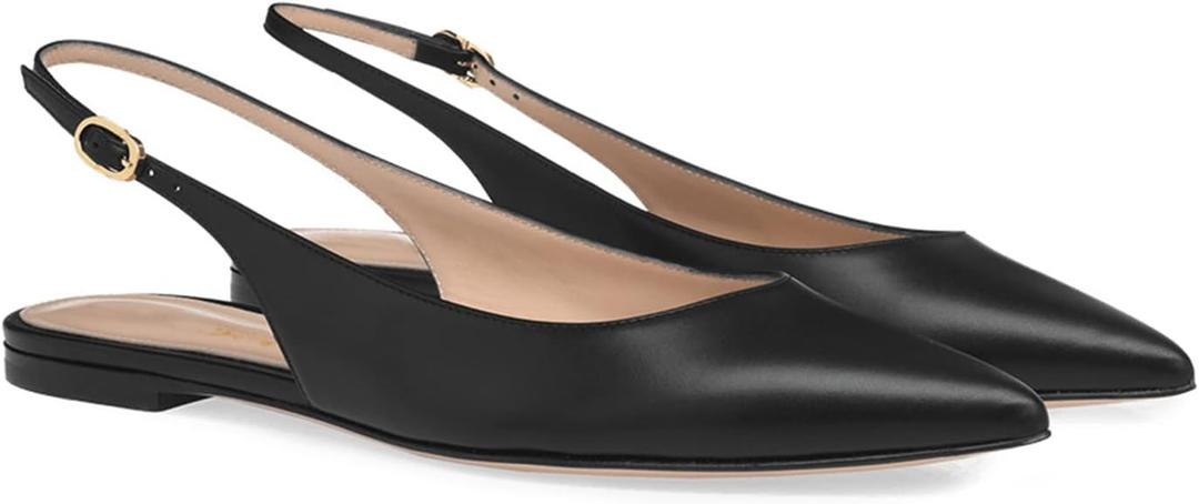 FOWT Simple Closed Pointed Toe Slingback Buckle Strap Womens Flats Comfort Casual Daily Mules Shoes Ladies Slip on Sandals for Dressy Driving Commuting Travel, US Size 4-16 M (7, Black)