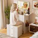 COMHOMA Makeup Vanity Desk with Mirror and Lights, Small 3 in 1 Vanity Table with Visible Glass Top, Flip Top & 3 Drawers, Compact Dresser with Storage Stool for Bedroom, Office or Nightstand