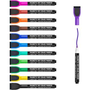 Maxtek Magnetic Whiteboard Markers - 12 Count Colorful Fine Tip Dry Erase Markers with Eraser for Kids, Low Odor Thin Markers for Calendar Boards