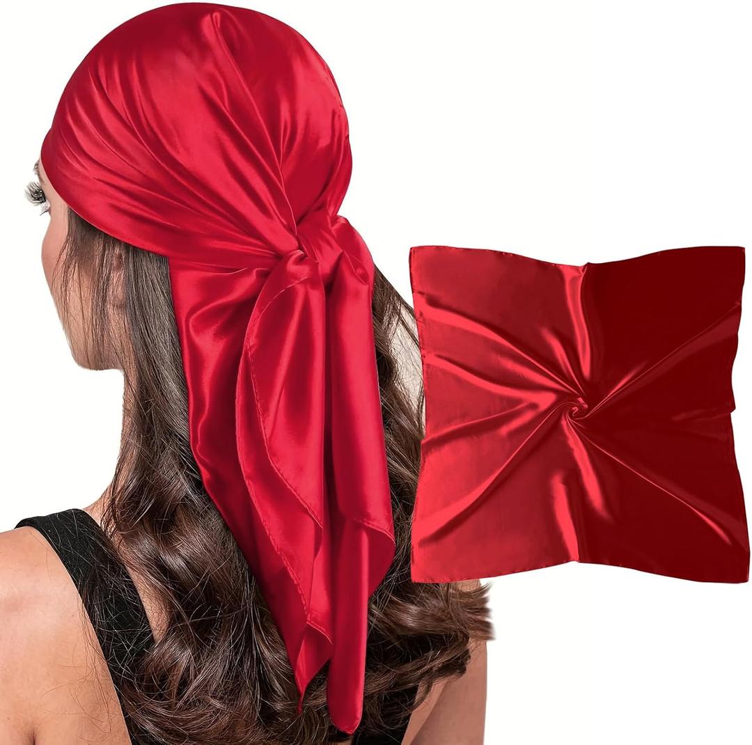 vimate 35" Square Silk Like Head Scarf - Women's Fashion Silk Feeling Scarf for Hair Wrapping and Sleeping at Night. (B20--red)