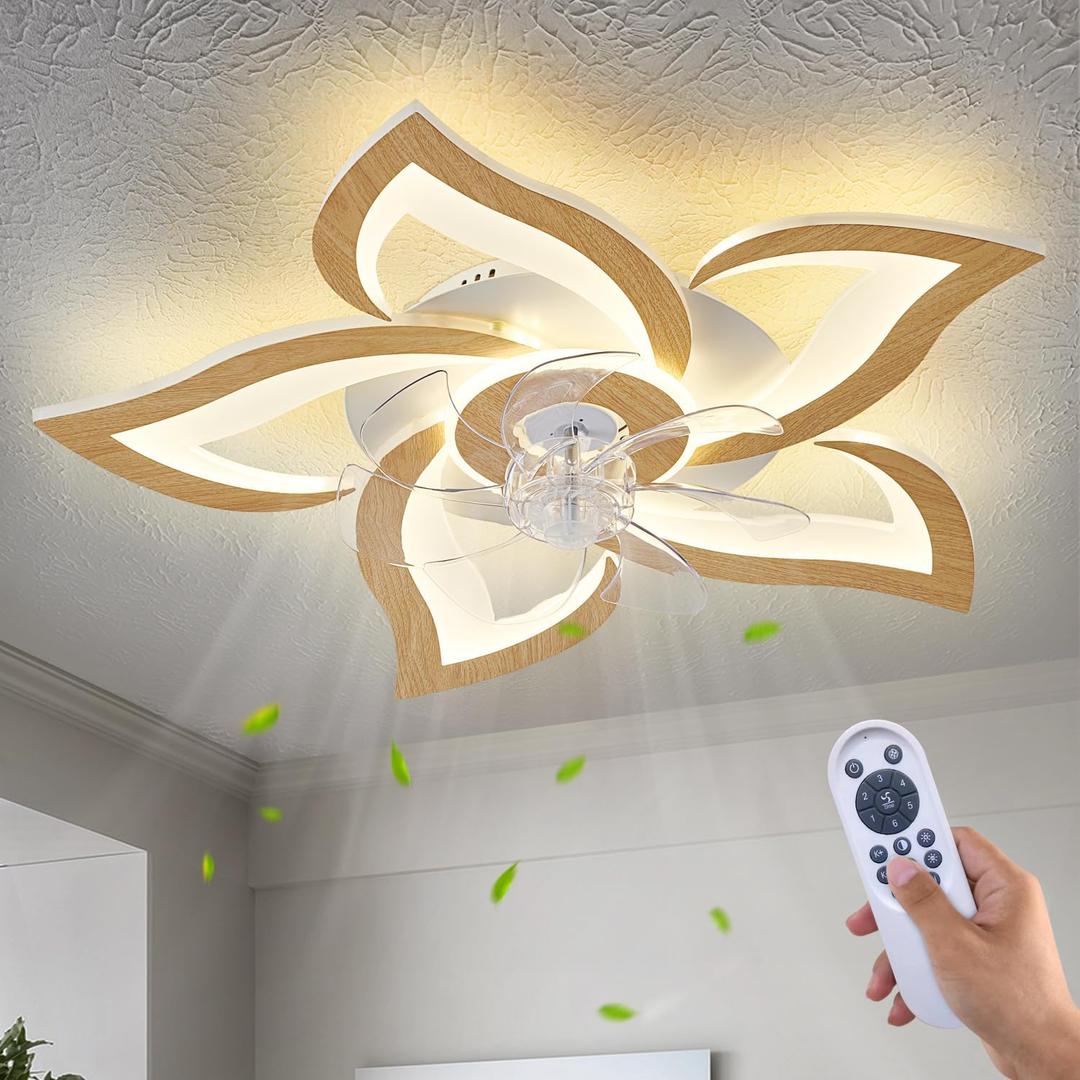 24" Wooden Geometric Ceiling Fan with Lights Remote Control, 3 Light Color 6 Speeds Low Profile Flush Mount Ceiling Fan for Kitchen Bedroom Living Room