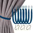Home Queen Hand Braided Curtain Tie Back, Buckle Holdback Drapery Curtain Tiebacks, 6 Rope Belt Curtain Tie with 6 Metal Hooks, Navy