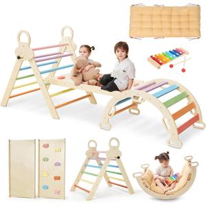 Pikler Triangle Set for Kids, 8 in 1 Colorful Montessori Large Climbing Toys for Toddlers 1-6 Inside with Ramp, Arch and Foldable Triangle, Wooden Child Indoor Playground (Natural Wood Colorful)