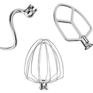 Stainless Steel Attachments 3-Piece for KitchenAid 5.5-6 QT Bowl-Lift Stand Mixer and Mixing Bowl,Includes Wire Whisk, Flat Beater, Dough Hook,Dishwasher Safe and Heavy Duty