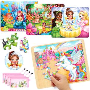 SYNCFUN 4-in-1 Princess, Unicorn, Mermaid, Fairy Glitter Wooden Puzzles Board for 3-5 Year Old Girls, 24 & 35 PCS Educational Jigsaw Puzzles for Toddlers Toys, Birthday Valentine Easter Gifts