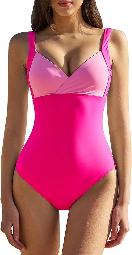 QINSEN Womens Sexy V Neck One Piece Bathing Suit Color Block Swimsuit High Waist Monokini (Pink, M)