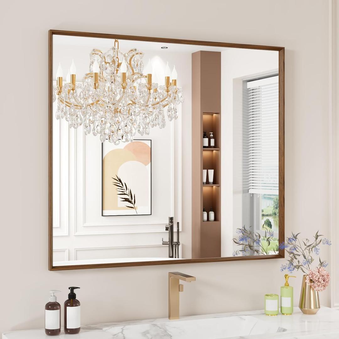 Bathroom Mirror, 30X36 Inch Framed Mirror, Rectangular Wall Mirror, Vanity Mirror Wall Mounted, Anti-Rust, Tempered Glass, Hangs Horizontally or Vertically - Walnut