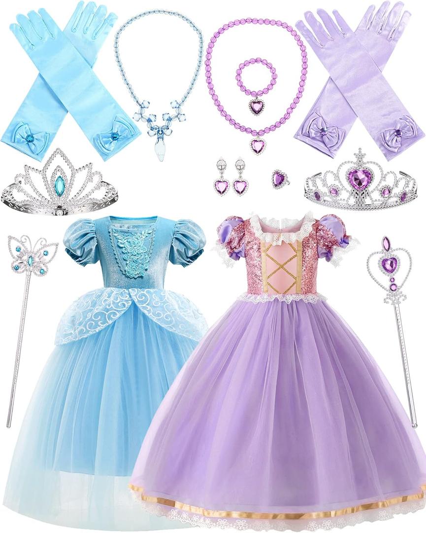 Mumufy Princess Dresses for Girls 2 Pcs Princess Dress up Costume Blue Purple Birthday Party Outfit for 3-6 Year Old Girls