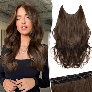KooKaStyle Invisible Wire Hair Extensions Long Straight Layered Synthetic with Transparent Wire Adjustable Size 6 Secure Clips Hairpieces for Women 16 Inch (16Inch, Medium Brown6/10#)