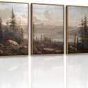 VIYYIEA Large Framed Canvas Wall Art, 3 Pcs, Living Room Vintage Landscape Decor, Nature Wall Art Bedroom Above Bed Decor, Country Retro Pictures, 16x24inch, Set of 3