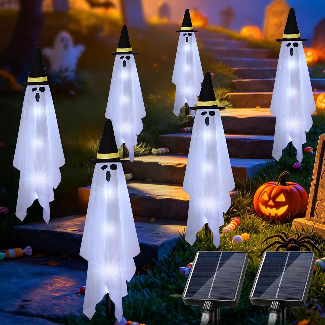 6 Packs 23FT Solar Halloween Decorations Ghost Lights Outdoor 8Mode White