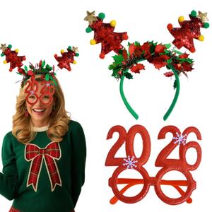 Christmas Hair Band Red Tree Head Band with Red Green Ribbon Holly Design Red 2026 Glasses Photo Props for Women and Girl Hair Accessories for Christmas Party or Festival Decoration Wear 2PCS