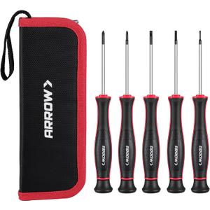 ARROW 5-Piece Precision Screwdriver Set with Pouch, Magnetic Small Screwdriver Set, Phillips, Slotted, Cr-V Steel, Mini Screw Drivers for Eyeglass, Watch, Computer, Laptop, Phone Repair