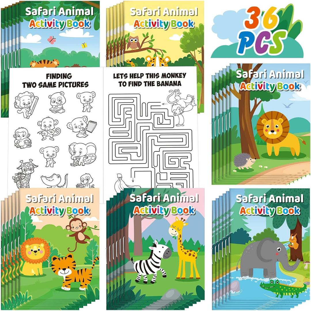 Sinmoe 36 Pcs Safari Animals Mini Activity Books for Kids Coloring Drawing Books Set with Lion Tiger Giraffe Patterns DIY Game Party Favors Fun Classroom Gifts Goody Filler Back to School Supplies