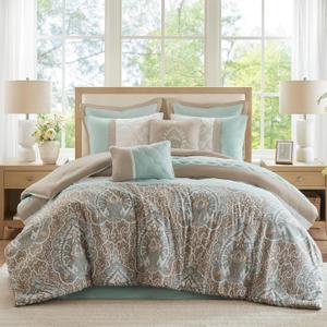 510 DESIGN Luxe Quilted Queen Comforter Set with Bed Skirt, 8pc, Scrollwork Seafoam