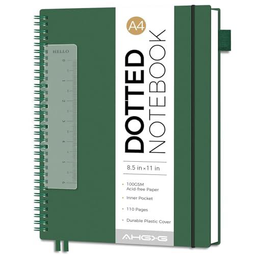 AHGXG Dotted Journal - Dot Grid Spiral Notebook 8.5" x 11", A4 Large Dotted Notebook, 100 GSM Thick Paper, Waterproof Plastic Cover Journals for Journaling, Sketching, Dark Green