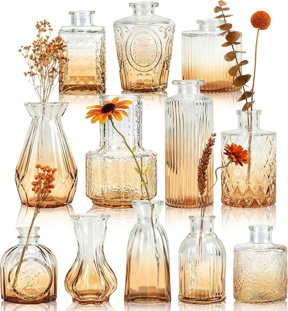 Der Rose Amber Glass Vases Set of 12, Small Bud Vases for Flowers, Rustic Wedding Centerpieces and Home Decor
