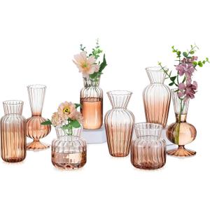 Hewory Small Ribbed Glass Bud Vases Set of 8 Amber Flower Vase Centerpieces - Modern Minimalist Cute Mini Decorative Bulk Vases for Wedding Bridal Shower Birthday Party Events Dining Room Table Decor