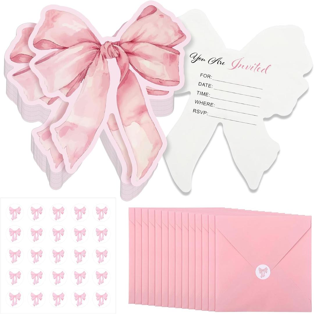 Marspark 25 Set Pink Bow Birthday Invitation Coquette Bow Paper Card with Envelopes and Stickers Wedding Birthday Bachelorette Invitation Party Supplies for Baby Shower Girls Dinner Favors, 5 x 6 Inch