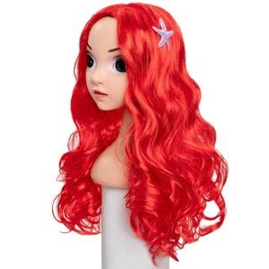 Funna Mermaid Wig for Girls Costume Accessories Halloween Princess Cosplay Long Curly Red, M