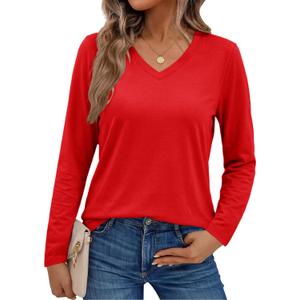 SMENG Women's Long Sleeve Shirts V Neck Cotton Blend T-Shirt Solid Color Breathable Comfy Basic Tee (Medium)