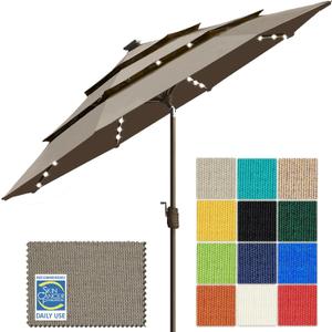 EliteShade USA 10-Year-Non-Fading 9ft 3-Tier Market Patio Umbrella, Commercial Table Umbrella with 80 Solar LED Lights, Crank Open, Windproof & UPF 50+ UV Protection for Garden, Deck, Pool, Backyard, Taupe