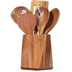 Wooden Utensil Holder for Kitchen: Wood Utensil Crocks for Farmhouse Decor - Kitchen Tool Storage for Countertop (Hexagon)