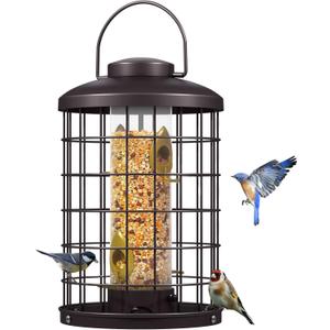 Mosloly Caged Bird Feeders Metal - 3 Lbs - Squirrel-Proof Wild Bird Feeders, Clear Tube Feeders Hanging Outside Starling Proof, Detachable Cleaning, 4 Feed Ports(Copper)