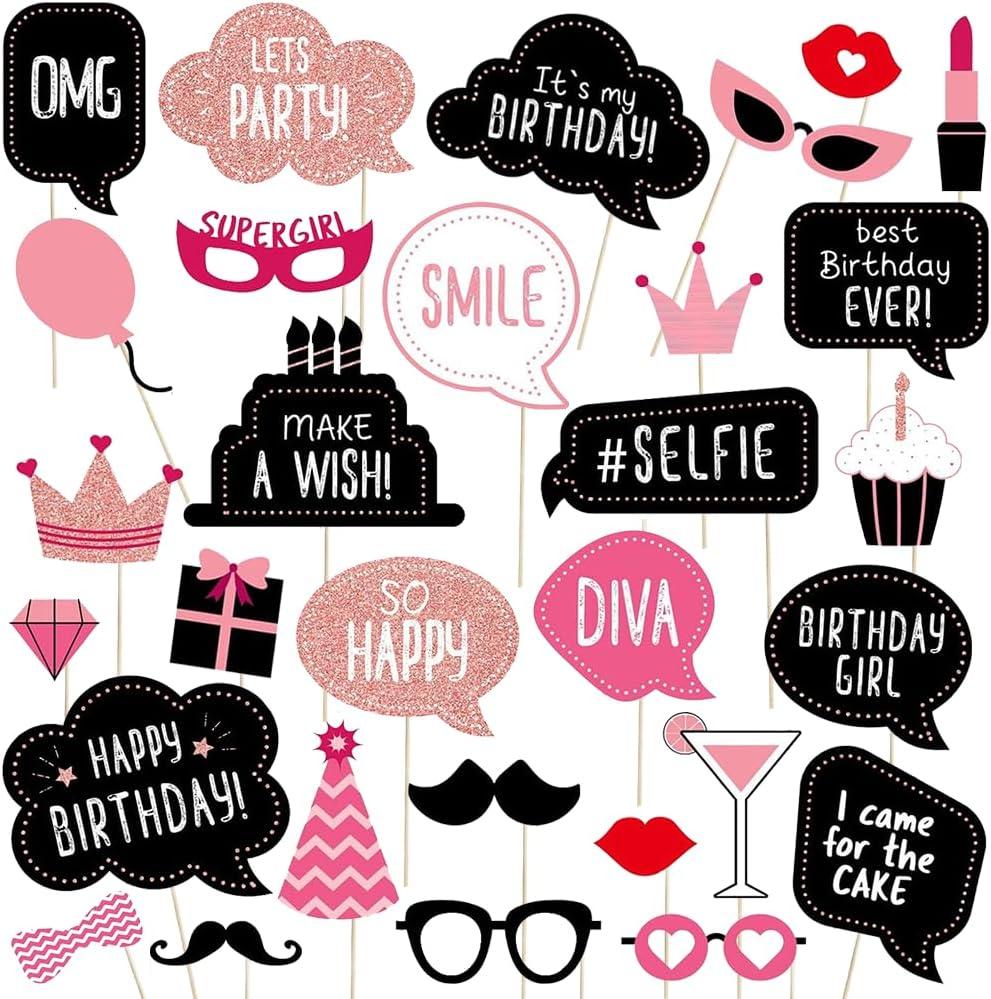 Birthday Photo Booth Props for Women or Girls,30pcs Rose Gold Glitter Funny Selfie Props for Bday Party Decoration Supplies