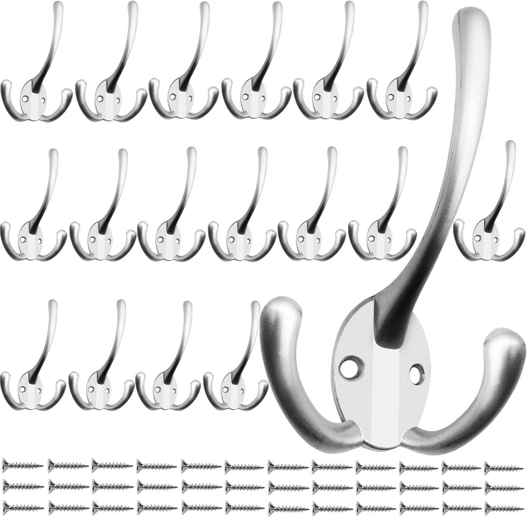 IBosins 18 Pack Big Heavy Duty Three Prongs Coat Hooks Wall Mounted with 36 Screws Wall Hooks Retro Double Utility Rustic Hooks for Coat, Backpack, Towel, Robe (18 Pcs Matte Nickel)