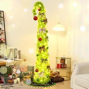 NatuBeau 6FT Lime Green Pop Up Christmas Tree with 150 LED Lights & Remote, Collpsible Bendable Whimsical Christmas Tree with Ball Ornaments Bows for Indoor Outdoor Home Decor