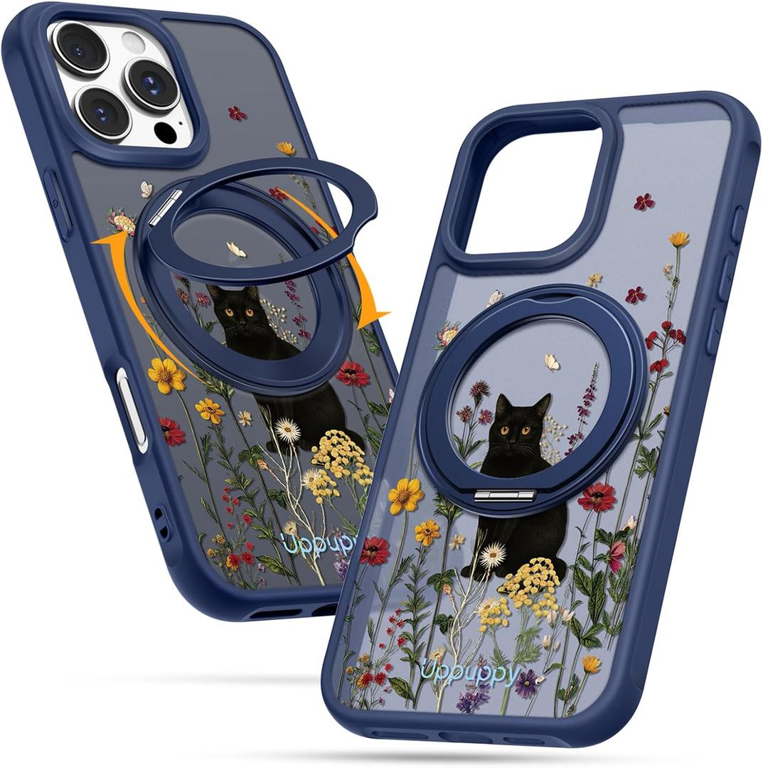 for iPhone 16pro max Case - Compatible with MagSafe for Women Girls Bulit-in 360 Rotatable Magnetic Ring Holder Kickstand Cute Aesthetic Black Cat Design for Apple 16pro max