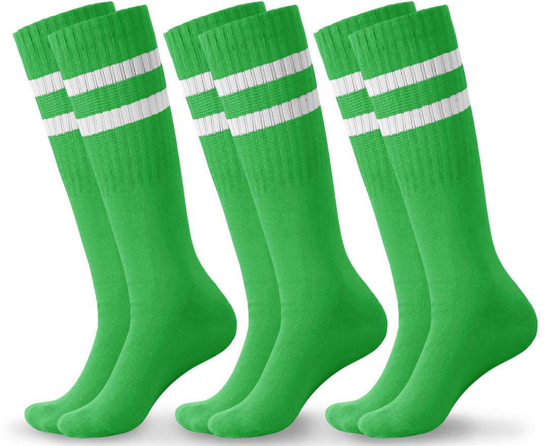 Haloumoning 3 Pairs Boys Soccer Athletic Socks Kids Striped Football Knee High Uniform Sports Tube Socks 4-15 Years (Green, S)