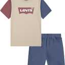 Levi's Boys' and Baby Graphic T-Shirt and Shorts 2-Piece Outfit Set (Beige, 7)
