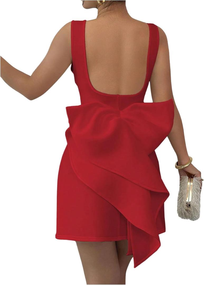 SOLY HUX Women's Mini Dress Bow Backless Sleeveless Round Neck Party Dresses (Medium)