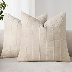 Woaboy Linen Check Throw Pillow Covers Set of 2 - Natural Beige Farmhouse Modern Boho Vintage Decorative Cushion Covers for Sofa Couch Bedroom Living Room Decor 22x22 Inch