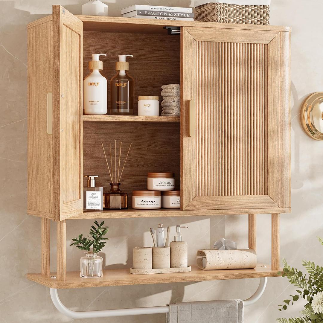 Bathroom Storage Cabinet with Towel Bar, Over the Toilet Storage Shelf, Medicine Cabinet with Adjustable Wood Shelf & Doors for Laundry Room & Kitchen & Living Room (Natural Oak)