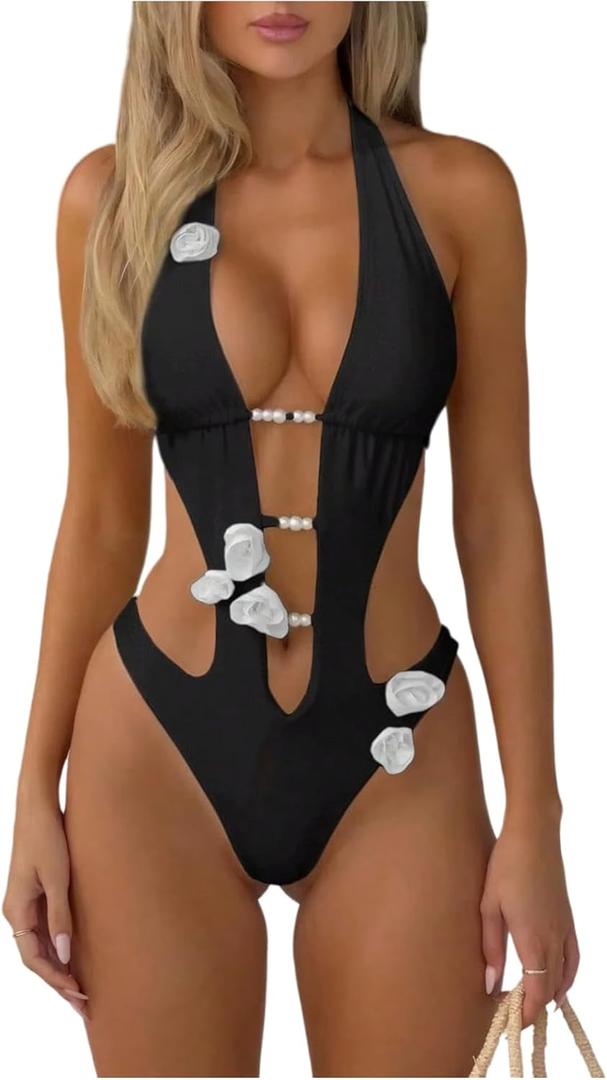 WDIRARA Women's 3D Floral Cut Out One Piece Swimsuit Deep V Neck Tie Halter Backless Swimwear Black and White, Small