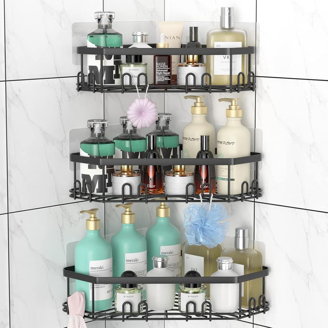 STEUGO Corner Shower Caddy, 3 Pack Adhesive Shower Corner Organizer Shelves, No Drilling Stainless Steel Shower Storage Rack with 12 Hooks for Bathroom, Dorm and Kitchen (Matte Black).