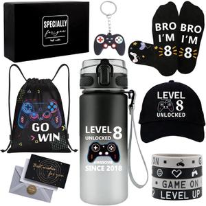 Gifts for 8 Year Old Boys, 8 Year Old Boy Birthday Gift, Cool 8th Birthday Gifts for Boys, Game Theme LEVEL 8 UNLOCKED Water Bottle Baseball Cap Socks Bag Keychain Wristbands for Son Nephew Grandson