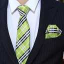 PenSee Mens Black Tie Checkered Tie Classic Necktie 3.15" (8CM) Plaid Ties For Men With Pocket Square Set (Medium, 207-twill Plaid Lime Green)