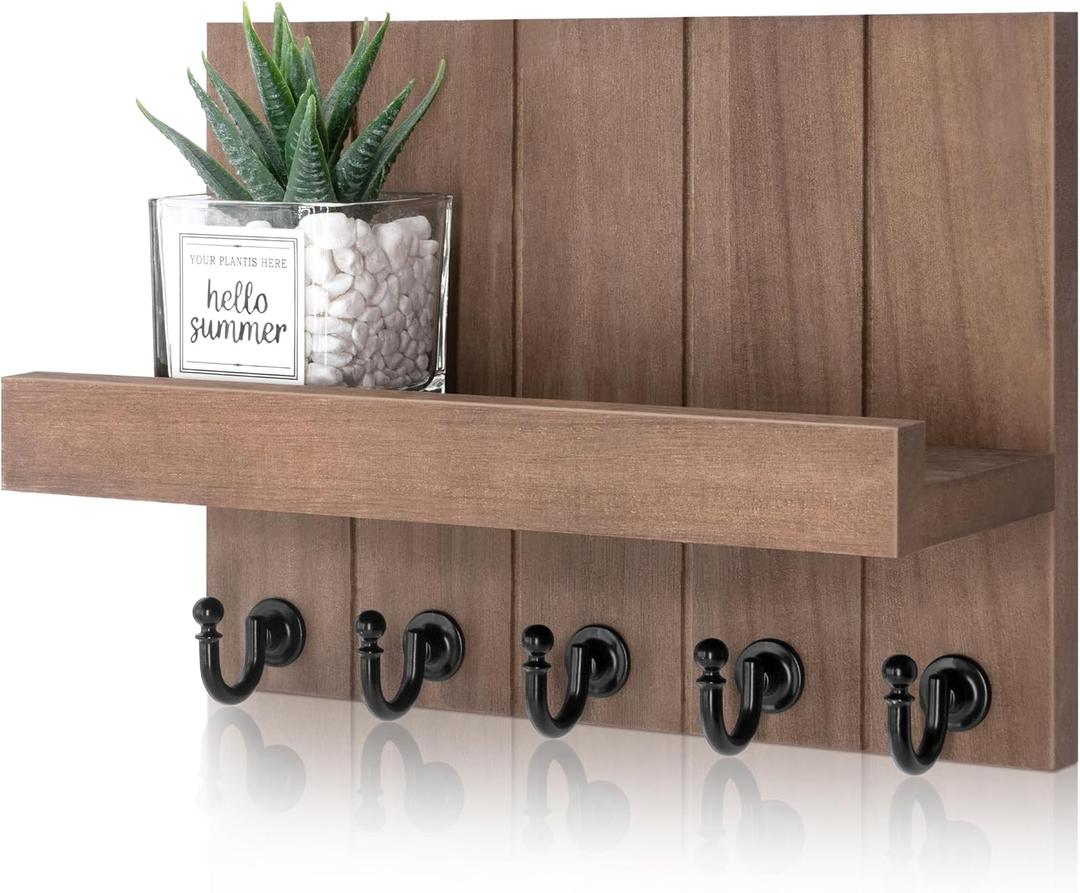 Rebee Vision Decorative Key Holder for Wall - Rustic Key Hooks with Shelf and Mail Organizer Wall Mount for Farmhouse Wall Decor Living Room - Home Essentials for New Home (Retro Brown) (C - Retro Brown)