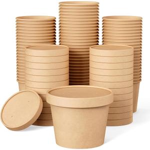 JOLLY PARTY 50pack 12oz Paper Soup Containers with Lids, Disposable Paper Food Cups, Ice Cream Cups, Food Storage with Lids, Microwavable and freezer safe, Suitable for Christmas Thanksgiving (Brown)