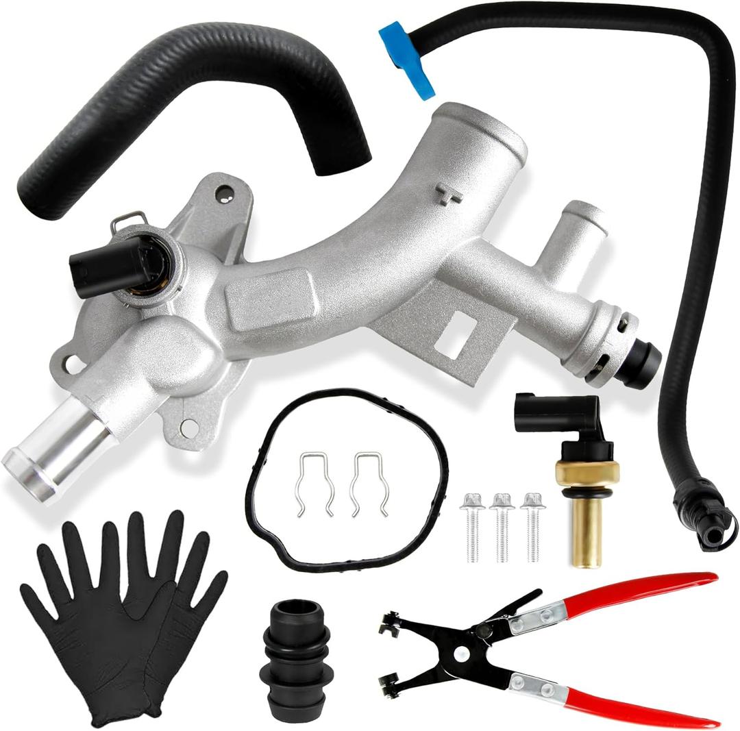 Upgraded Aluminum Engine Coolant Housing Water Outlet Kit Compatible with 2011-2020 Chevrolet Cruze Sonic Trax Volt Buick Encore 1.4L with Inlet Hose and Oil Cooler Hose & Tool, 25193922 902-846