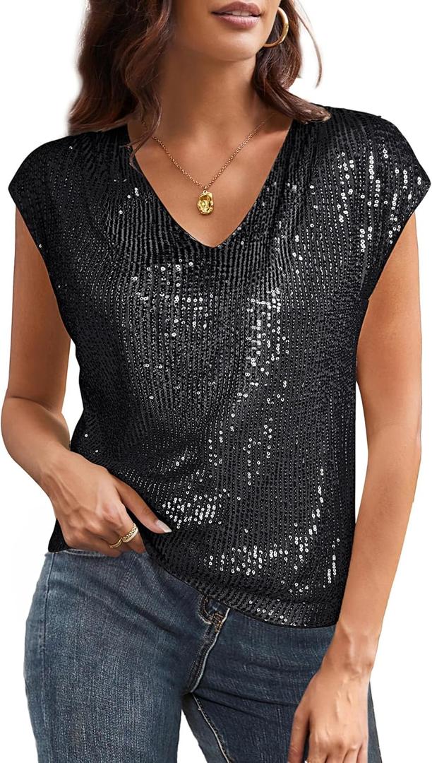 GRACE KARIN V Neck Sequin Short Sleeve Tops for Women Elastic Sparkly Tank Top for Party (Medium, Black)